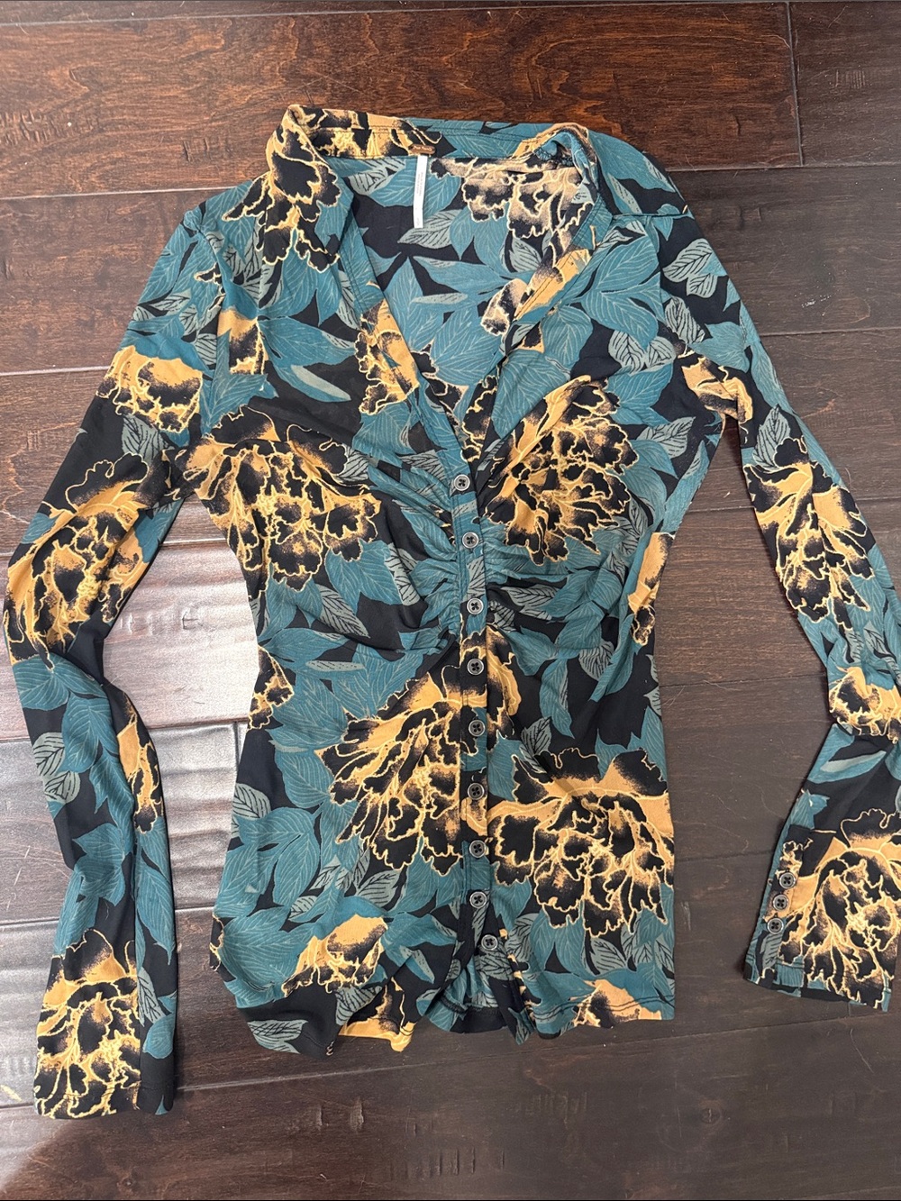 Free People Teal, Yellow & Black Floral Button-Down Top
